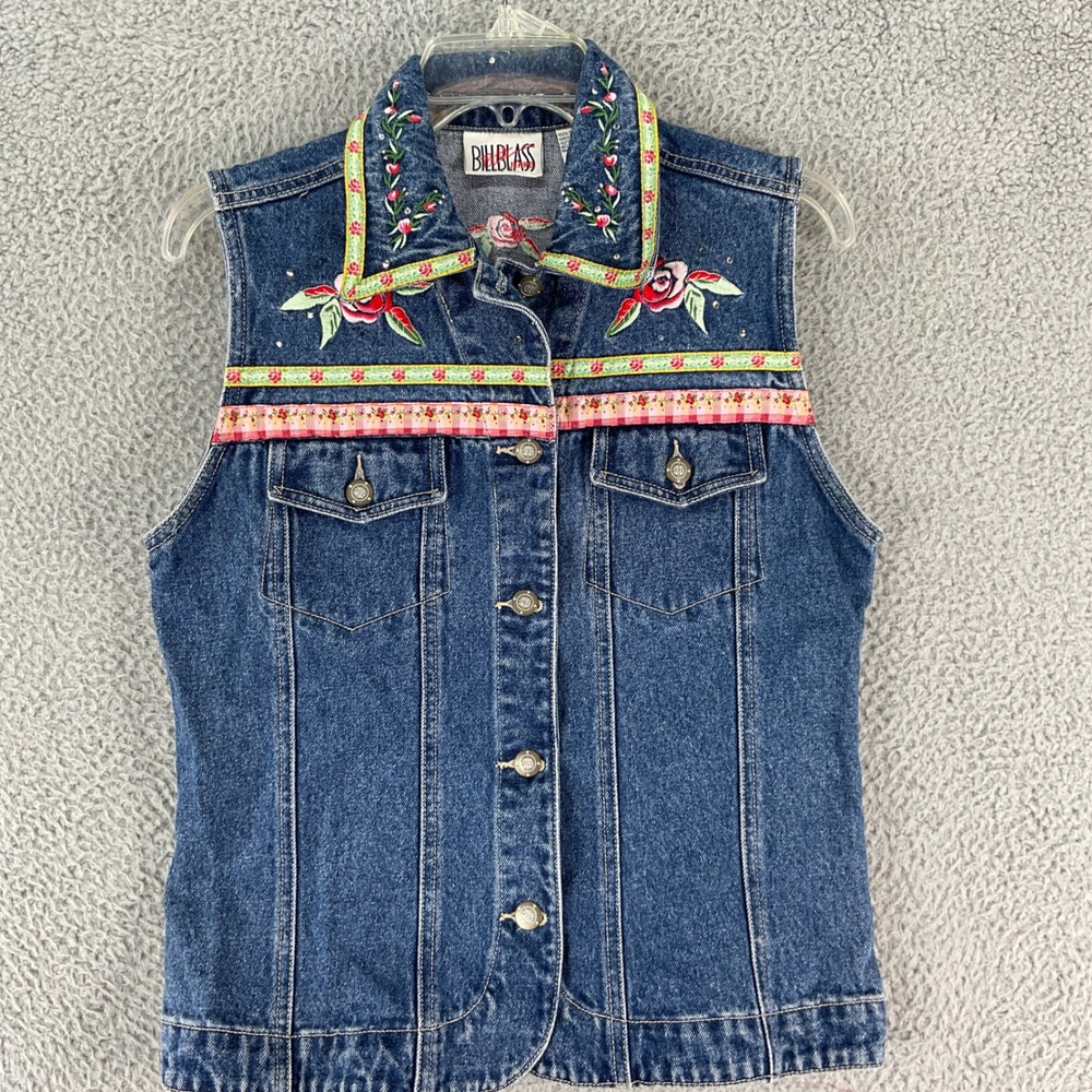 Bill Blass Denim Vest Womens PS Blue Floral Embroidered Ribbon Trim Vintage Y2K